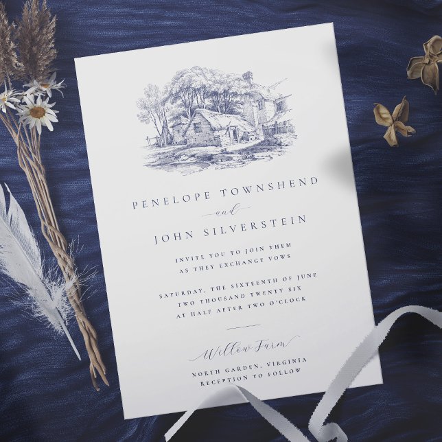 Invitación Elegante Boda de Ilustracion rústico de granja (Elegant white wedding invitation with an illustration of a rustic farmhouse)