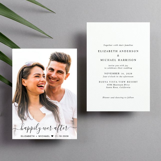 Invitación Elegante Boda de imágenes manuscritas (Celebrate your love story with a modern happily ever after wedding invitation showcasing your photo)