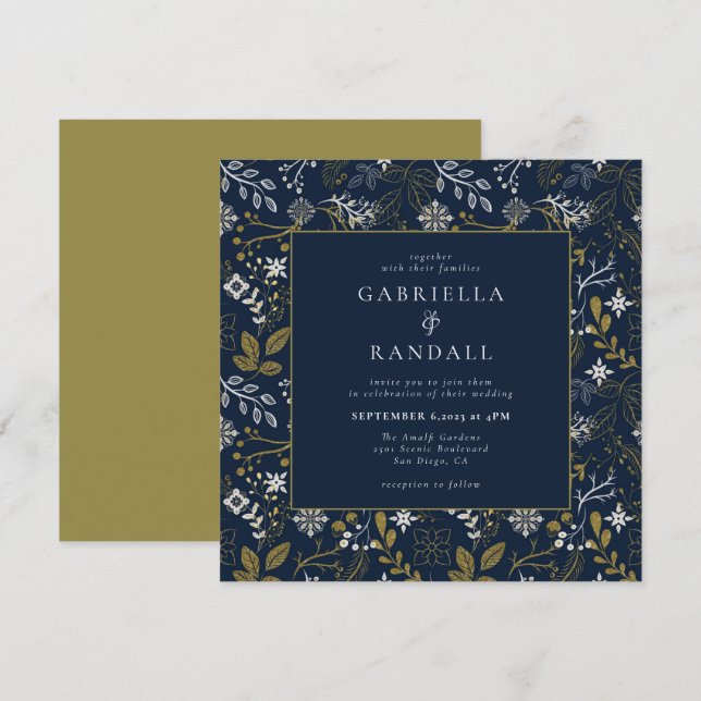 Invitación Elegante Boda de impresión botánica de plata dorad (Anverso / Reverso)
