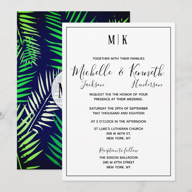 Invitación Elegante Boda de Impresión Tropical y Tipografía M (Anverso / Reverso)
