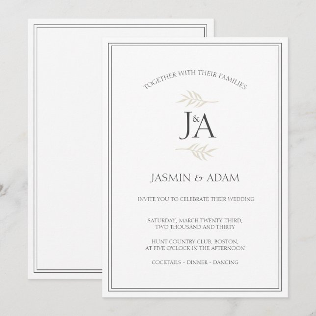 Invitación Elegante Boda de Iniciales Clásicas Blancas Sencil (Anverso / Reverso)