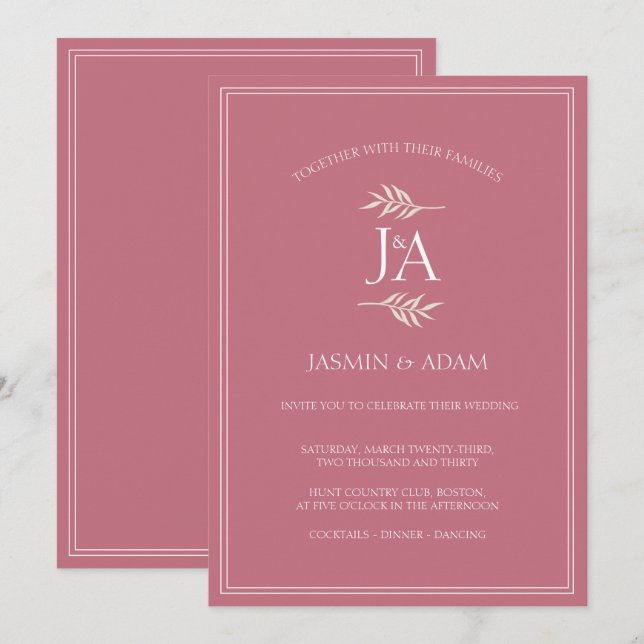 Invitación Elegante Boda de Iniciales Clásicas Magenta Pink (Anverso / Reverso)
