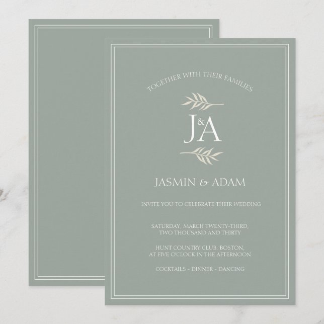 Invitación Elegante Boda de Iniciales Clásicas Sage Green (Anverso / Reverso)