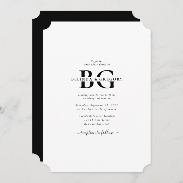 Invitación Elegante Boda de Iniciales de Monograma Blanco y N (Anverso / Reverso)