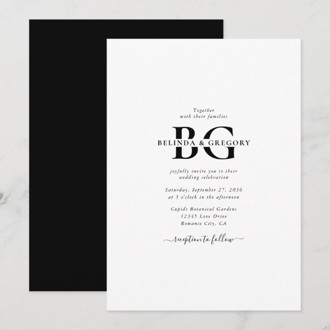 Invitación Elegante Boda de Iniciales de Monograma Blanco y N (Anverso / Reverso)
