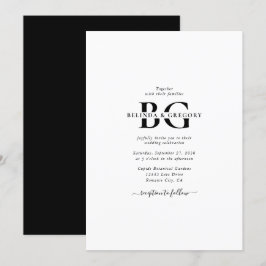 Invitación Elegante Boda de Iniciales de Monograma Blanco y N