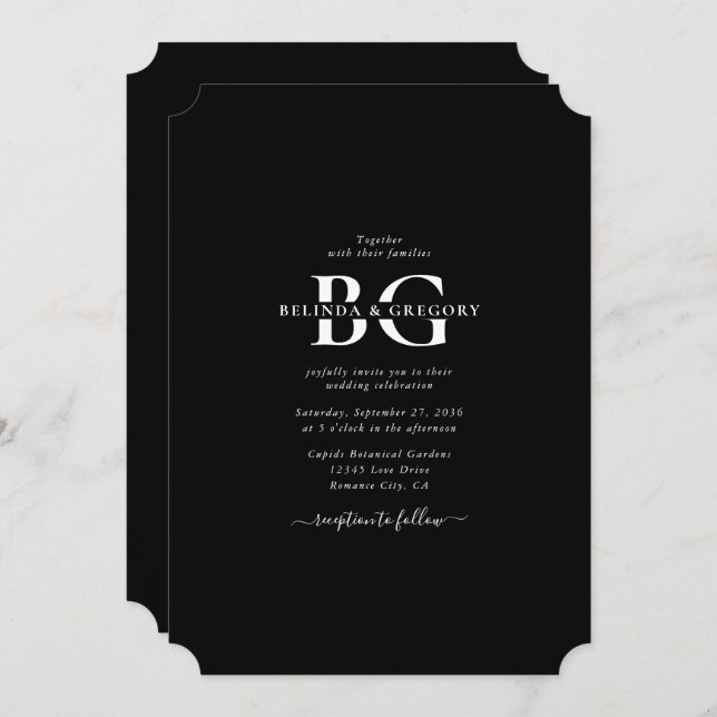 Invitación Elegante Boda de Iniciales de Monograma Blanco y N (Anverso / Reverso)
