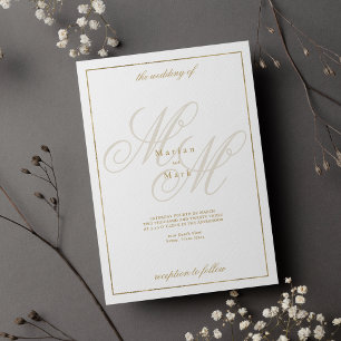 Invitación Elegante boda de iniciales de monograma dorado bla