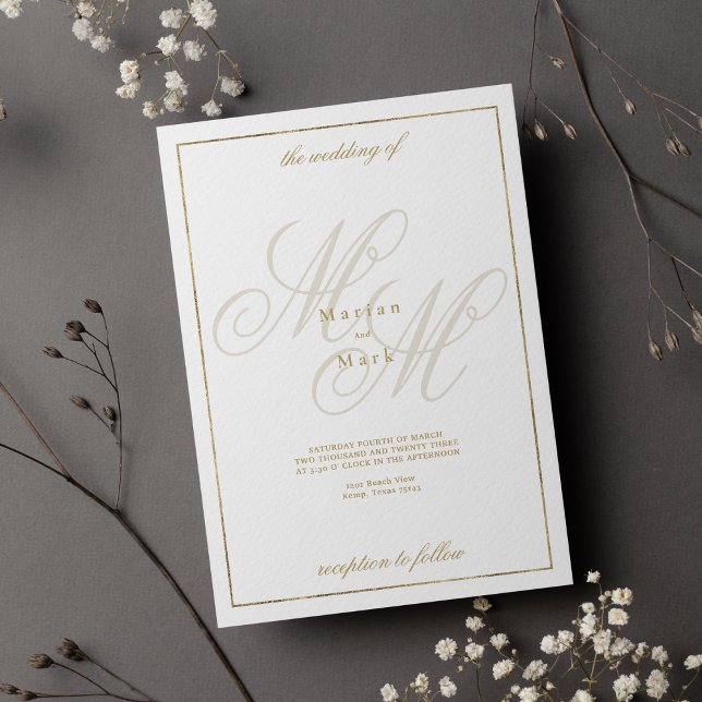 Invitación Elegante boda de iniciales de monograma dorado bla (Elegant white gold monogram initials wedding)