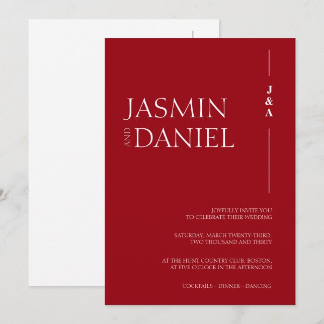 Invitación Elegante Boda de Iniciales del Monograma Rojo Crim (Anverso / Reverso)