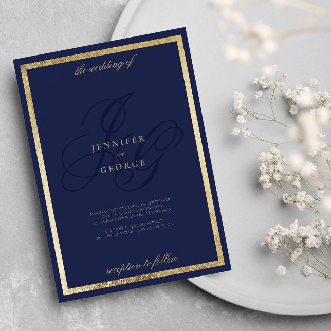Invitación Elegante boda de initales de monograma azul marino (Elegant gold navy blue monogram initals wedding invitation )