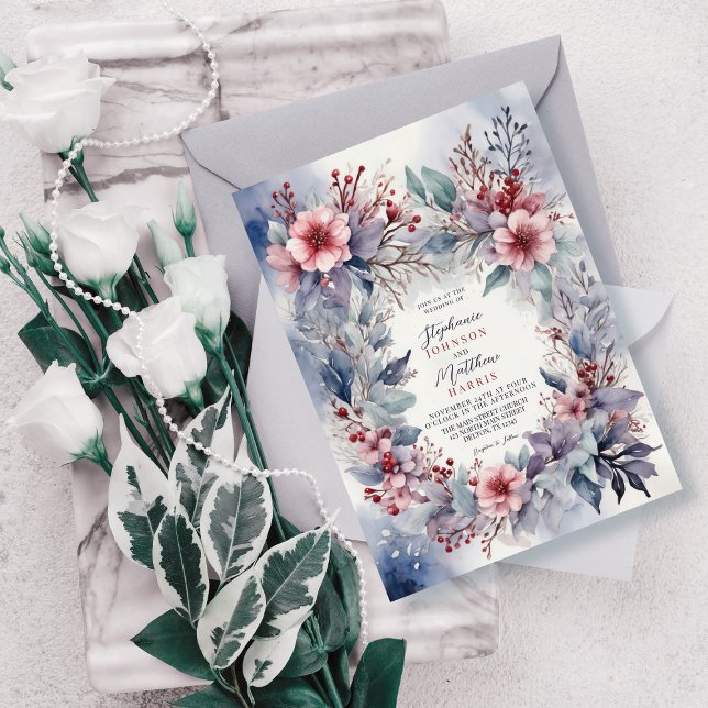 Invitación Elegante Boda de invierno acuarela Floral Berries (Subido por el creador)