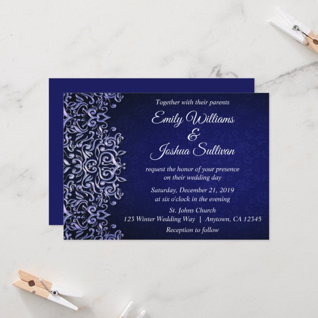 Invitación Elegante Boda de Invierno Blue Damask (Anverso/Reverso In Situ)