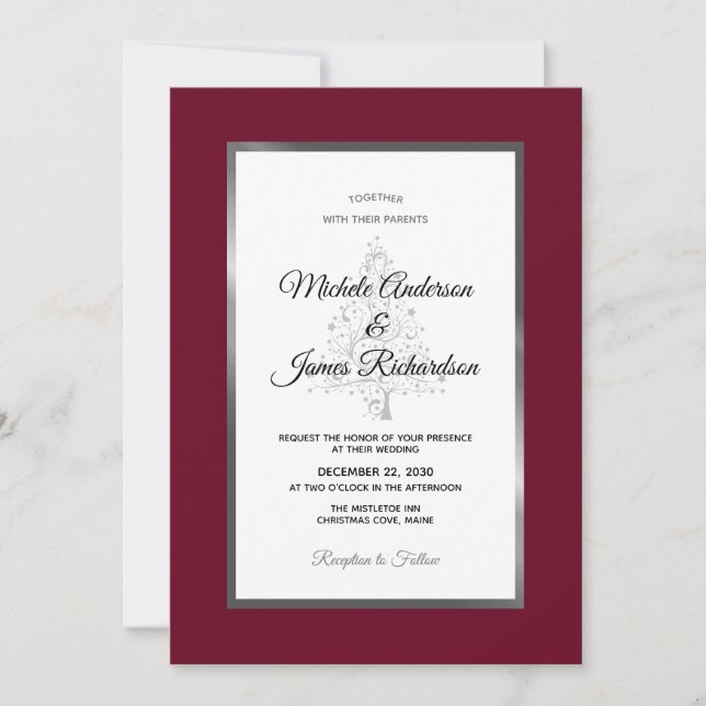 Invitación Elegante Boda de Invierno de Borgoña Plata (Anverso)