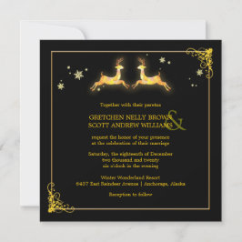 Invitación Elegante Boda de Invierno de los Renos de Oro Negr