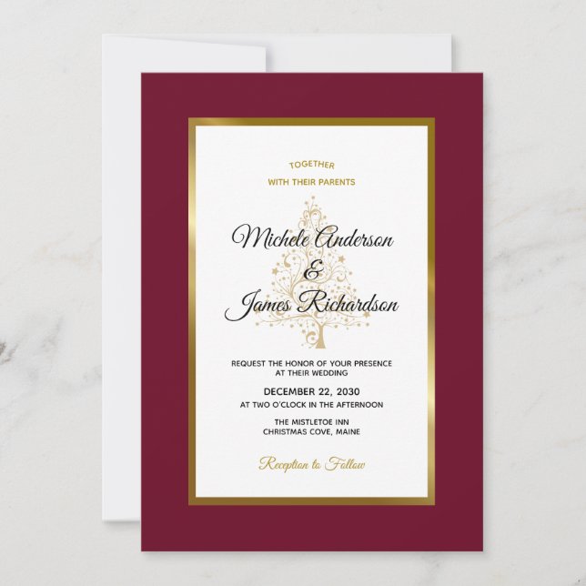 Invitación Elegante Boda de Invierno de Oro Borgoña (Anverso)