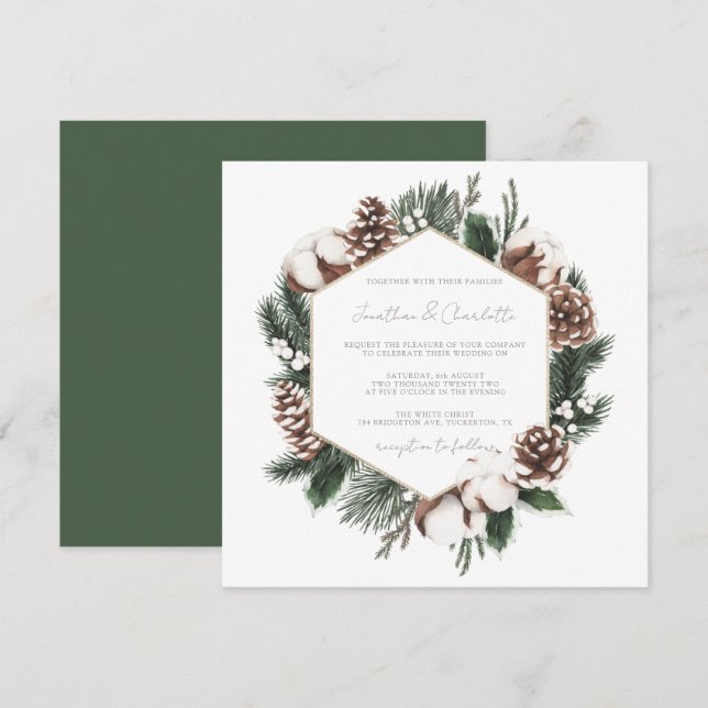 Invitación Elegante Boda de Invierno de Pino y Algodón (Anverso / Reverso)