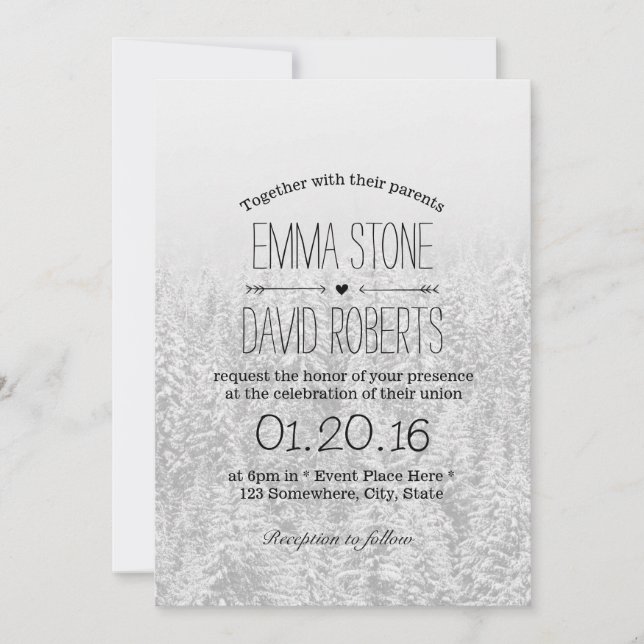 Invitación Elegante Boda de Invierno del Bosque de Nieve (Anverso)