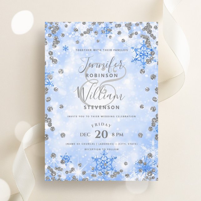 Invitación Elegante Boda de Invierno del Glam Azul Plata (Festive Silver Blue Glam Elegant Winter Wedding Invitation)