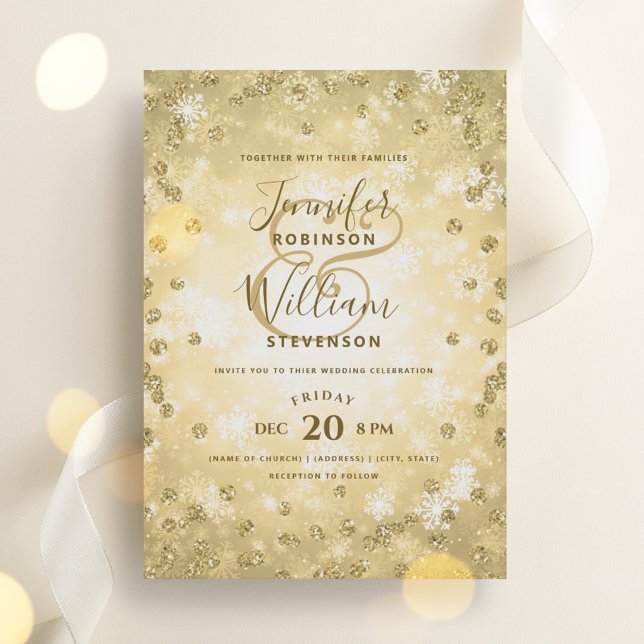 Invitación Elegante Boda de Invierno Purpurina de Oro Festivi (Festive Gold Glitter Elegant Winter Wedding Invitation)