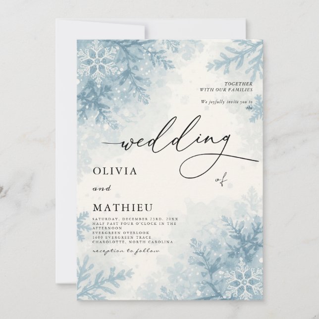 Invitación Elegante Boda de Invierno Sky Blue Snowflake (Anverso)