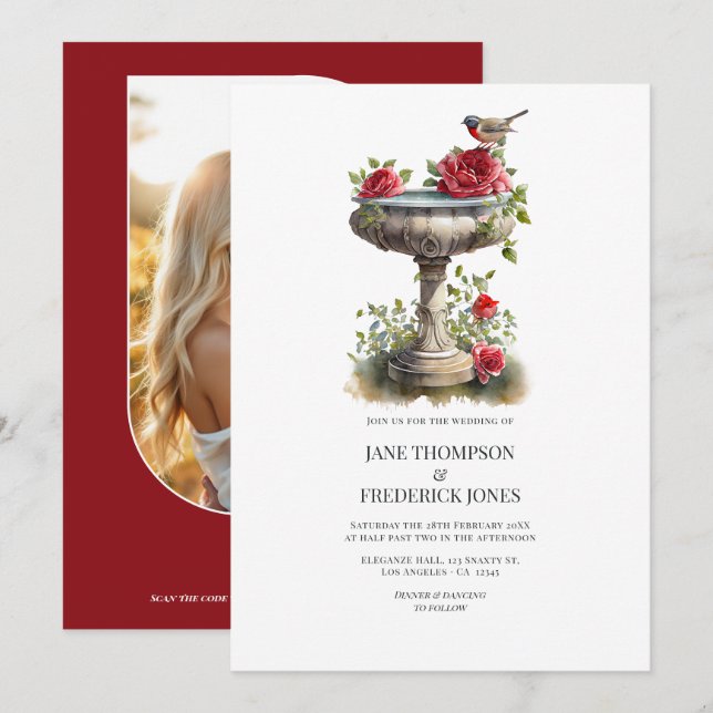 Invitación Elegante boda de jardín con foto y código QR (Anverso / Reverso)