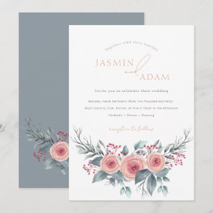 Invitación Elegante Boda de Jardín de Rosas Azul Polvoriento