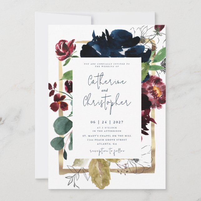 Invitación Elegante Boda de jardín floral azul de la Marina d (Anverso)