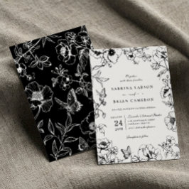 Invitación Elegante Boda De Jardín Floral Blanco Y Negro