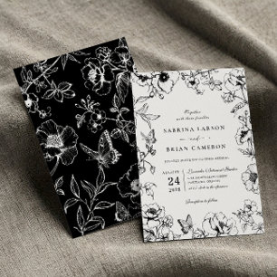 Invitación Elegante boda de jardín floral en blanco y negro