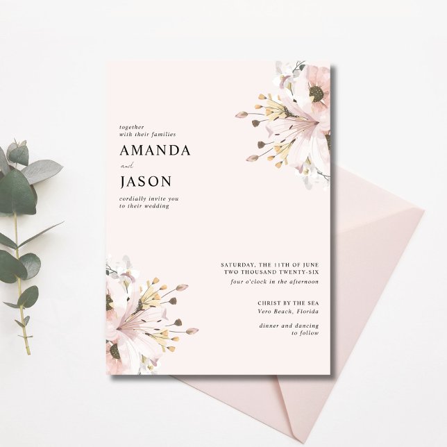 Invitación Elegante Boda de Jardín Floral Rosa (Elegant Pink Floral Garden Wedding Invitation)