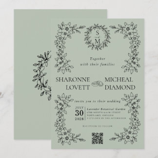 Invitación Elegante Boda de Jardín Romántico Floral Verde Sal