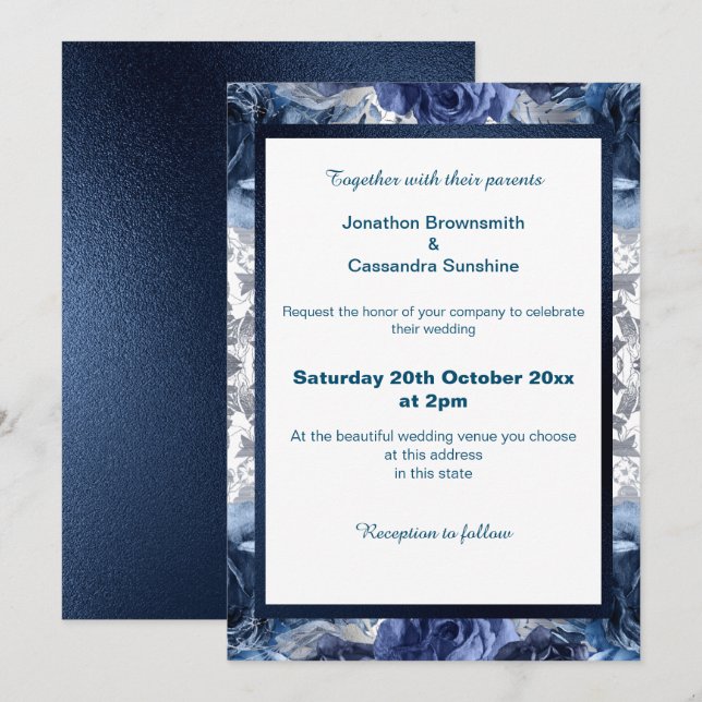 INVITACIÓN ELEGANTE BODA DE JUEGOS DE FLORES AZULES AZULES (Anverso / Reverso)