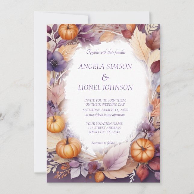 Invitación Elegante Boda de la Calabaza Románica Flores Púrpu (Anverso)