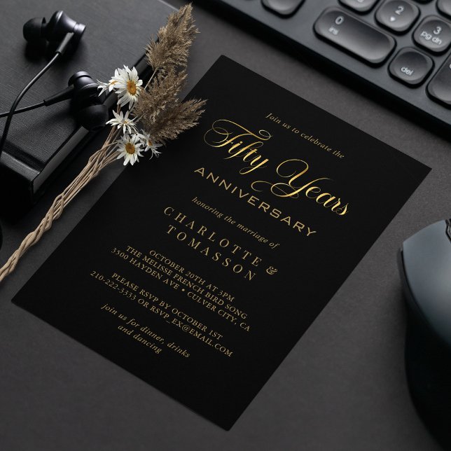 Invitación Elegante Boda de la caligrafía de oro en 50 años (Elegant Gold Calligraphy 50th Anniversary Wedding Invitation)