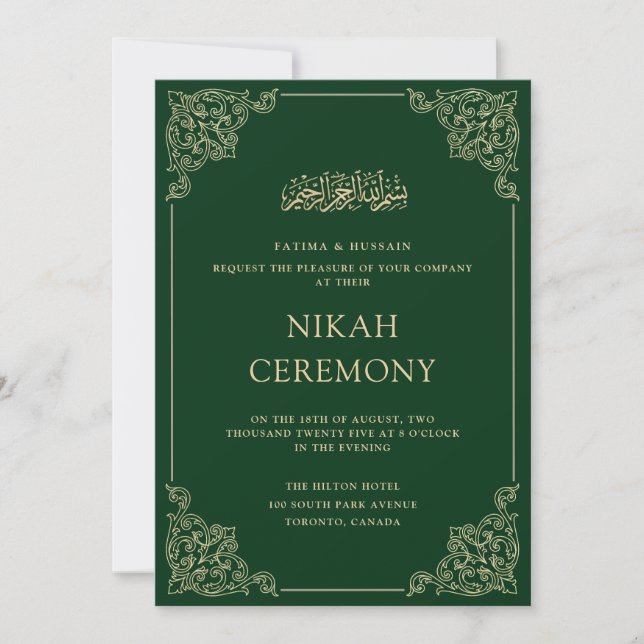 Invitación Elegante Boda de la Ceremonia de Oro Verde Verde N (Anverso)