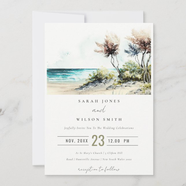 Invitación Elegante Boda de la costa de la Palm Beach (Anverso)