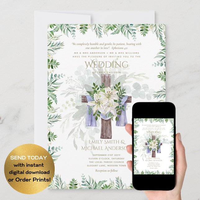 Invitación Elegante Boda de la Cruz Rústica Lirio Blanco Cris (Subido por el creador)