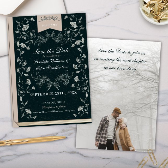Invitación Elegante boda de la cubierta del libro de Tan negr (Vintage black and beige victorian era wedding save the date invitations)