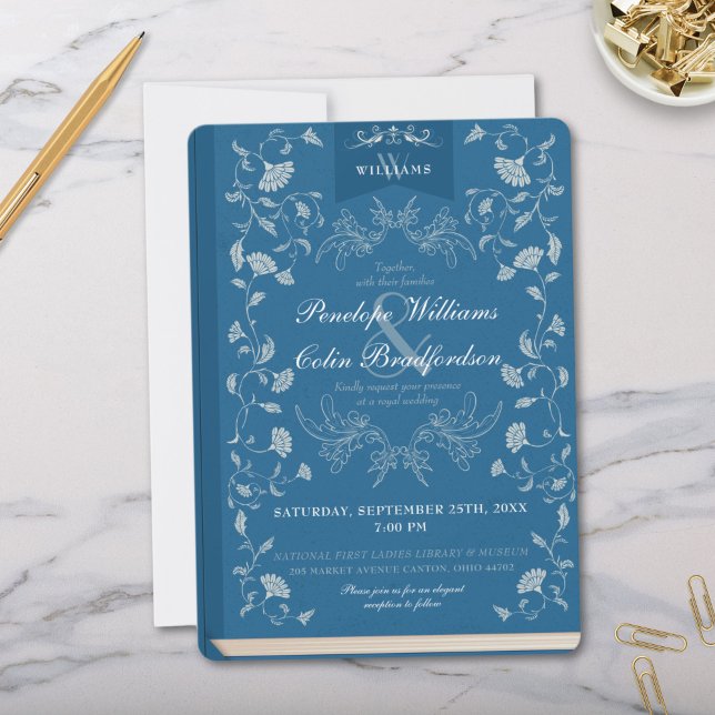 Invitación Elegante Boda de la cubierta del libro floral azul (Elegant Teal Blue Library Book Cover Wedding Invitation with Monogram and Formal Calligraphy Script)