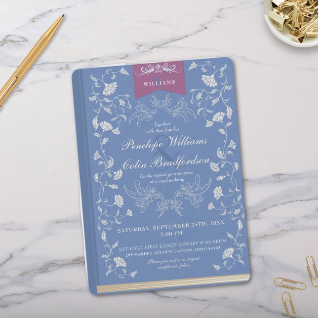Invitación Elegante Boda de la cubierta del libro floral azul (Elegant Light Blue and Purple Wedding Invitation with White Floral Design and Book Cover Aesthetics)