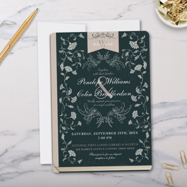 Invitación Elegante Boda de la cubierta del libro floral negr (Elegant Black and Tan Vintage Floral Book Cover Wedding Invitations for Library or Formal Fairytale)