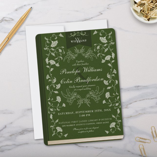 Invitación Elegante Boda de la cubierta del libro floral verd (Elegant Regency Era Green Floral Wedding Invitation with Book Cover Aesthetics and Calligraphy)