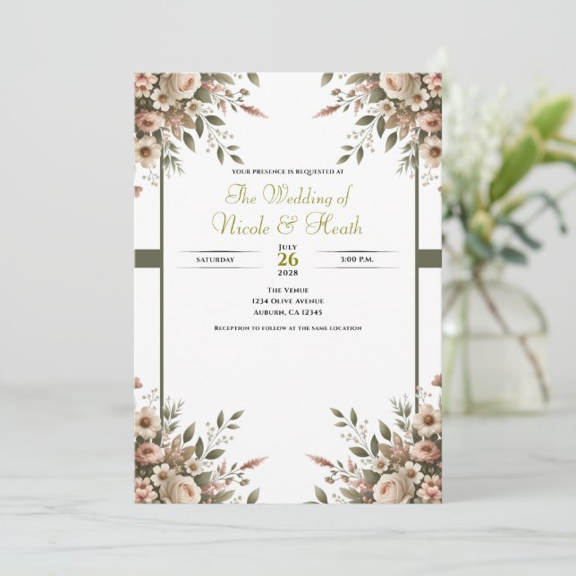 Invitación Elegante Boda de la esquina de la floral verde oli (Anverso de pie)