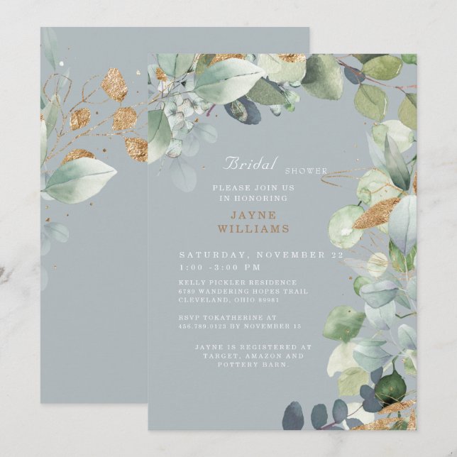 Invitación Elegante Boda  de la Foliage azul turquesa ducha n (Anverso / Reverso)