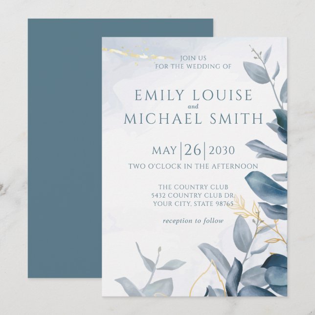 Invitación Elegante Boda de la Foliage de Oro Azul Dusty (Anverso / Reverso)