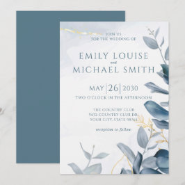 Invitación Elegante Boda de la Foliage de Oro Azul Dusty