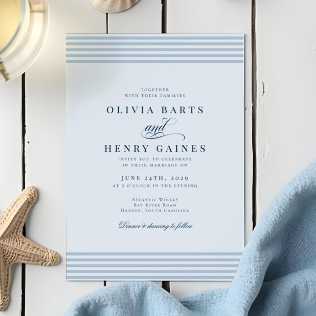 Invitación Elegante Boda de la franja azul costera costera (Subido por el creador)