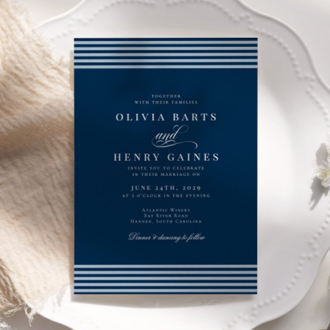 Invitación Elegante Boda de la franja azul costera costera (Subido por el creador)