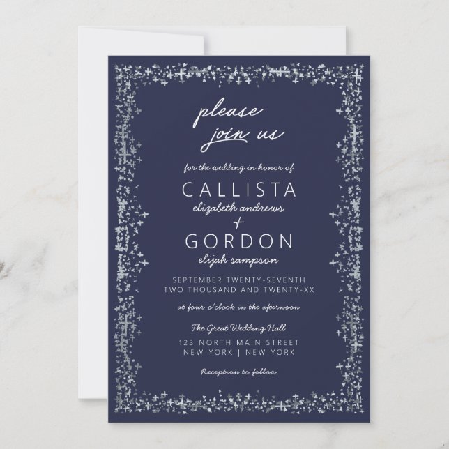 Invitación Elegante Boda de la frontera azul plateado de la M (Anverso)